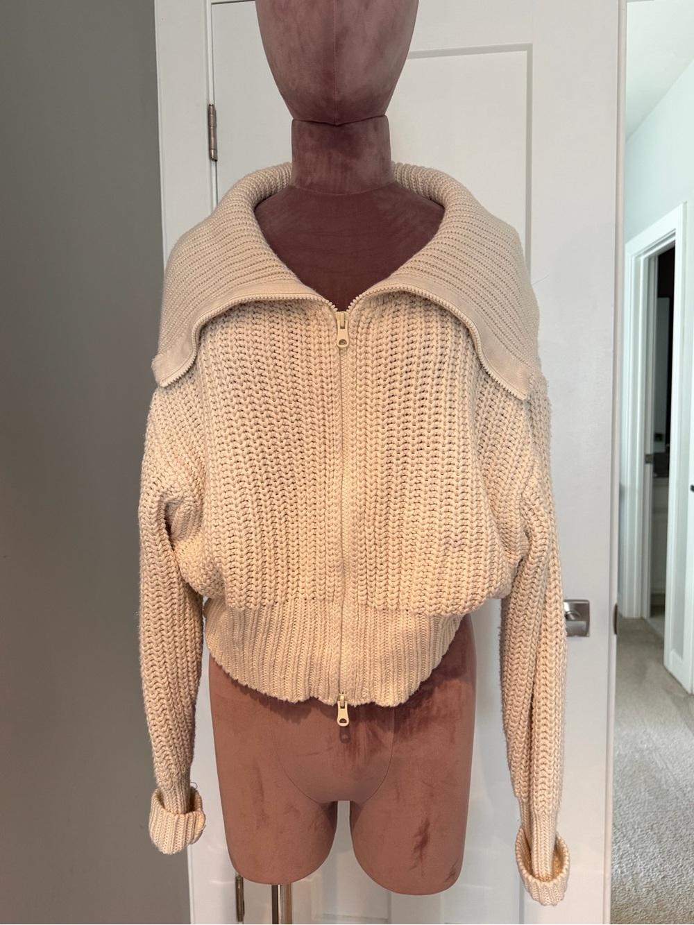 aerie Cream Zip-Up Chunky Cowl Sweater - Picture 2 of 11